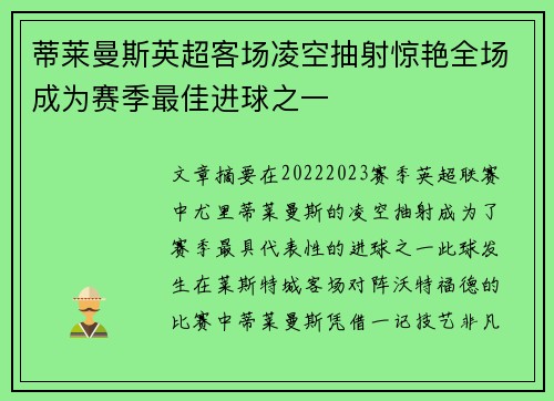 蒂莱曼斯英超客场凌空抽射惊艳全场成为赛季最佳进球之一